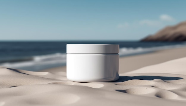 Здоровая бутылка солнцезащитного крема на песчаном пляже для отдыха в летние каникулы, созданная искусственным интеллектом