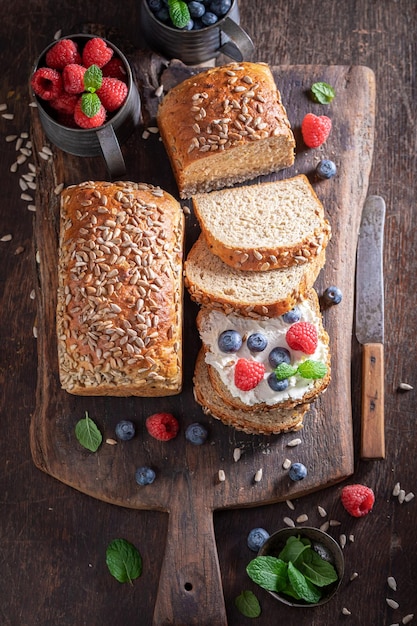 Healthy and sweet bread with cheese mint and berries