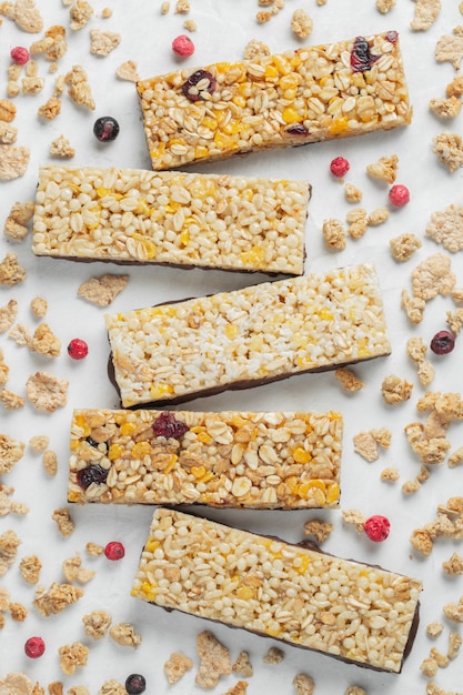 Healthy sweet dessert snack. Cereal granola bar.