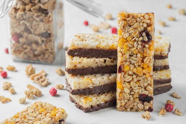 Healthy sweet dessert snack. Cereal granola bar.