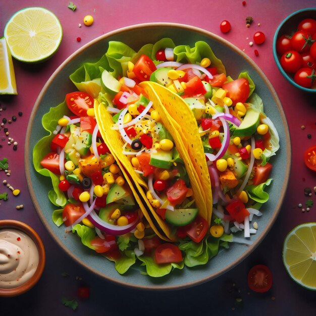 Foto salata taco sana con lattuga romana avocado salsa di pomodoro fagioli neri cipolle tortilla patatine