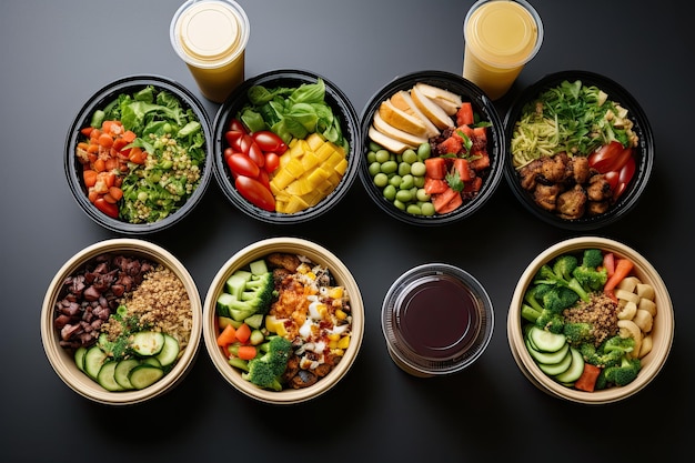 Здоровая еда и напитки на вынос в одноразовых экологически чистых бумажных контейнерах на сером фоне
