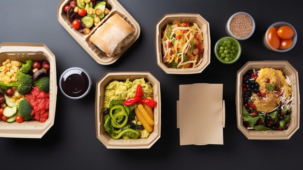 Photo healthy take away food and drinks paper containers on gray background generative ai