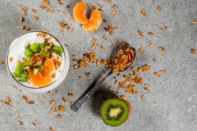 Healthy tangerine and kiwi yogurt granola dessert for breakfast