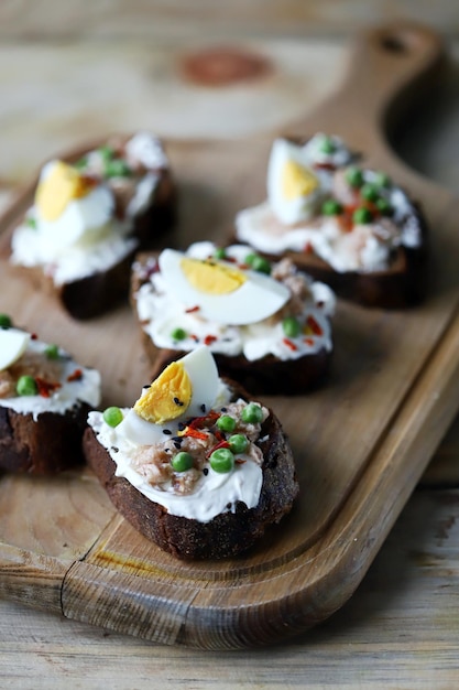 Healthy toast with cream cheese tuna and egg