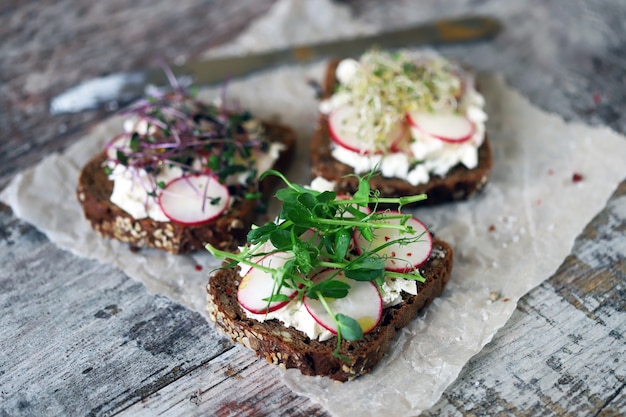 Healthy toast with microgreens and radishes