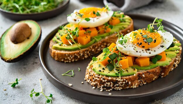 Healthy toasts with avocado egg pumpkin and sesame seeds sprinkled with cress salad Tasty food