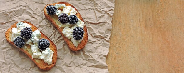 Healthy toasts with blue cheese and blackberries.