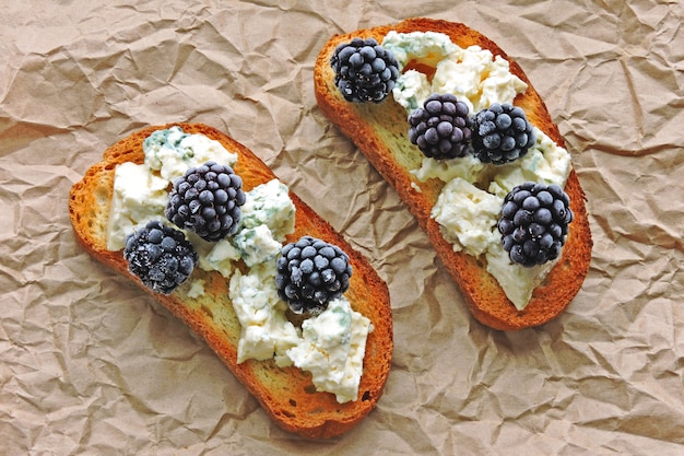 Healthy toasts with blue cheese and blackberries.