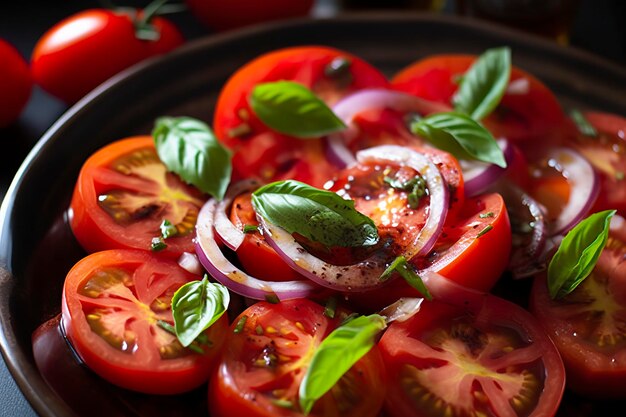 Healthy tomato salad with onion basil olive oil and balsamic vinegar