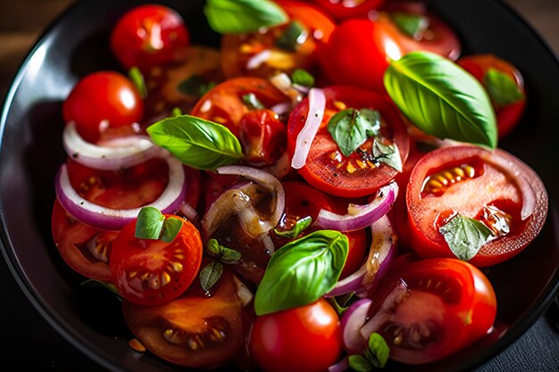 Healthy tomato salad with onion basil olive oil and balsamic vinegar