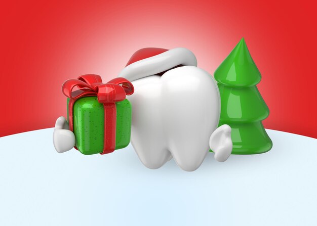 Photo healthy tooth with christmas gift and christmas tree on red background