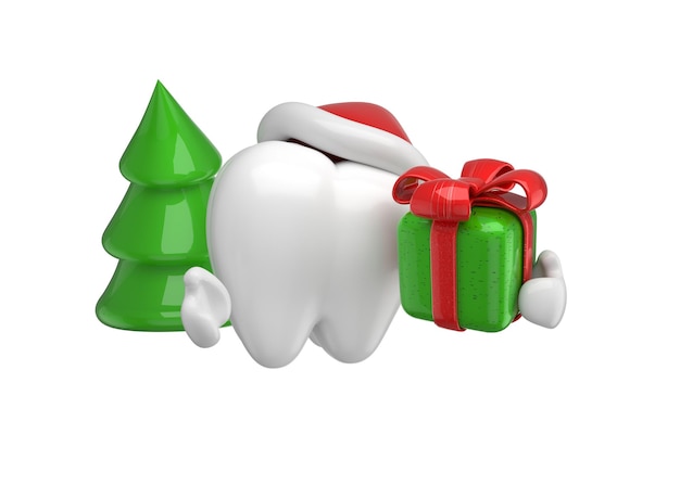 Photo healthy tooth with christmas gift and christmas tree on white background 3d render