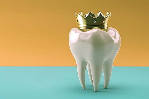 Здоровый зуб с золотой короной 3D-рендеринг