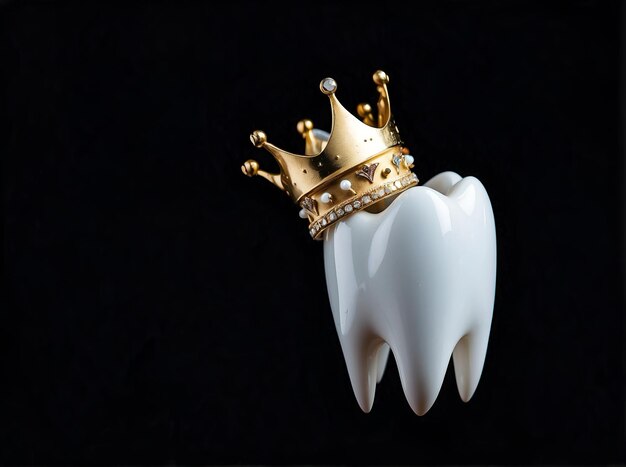 Photo healthy tooth with golden crown isolated on black