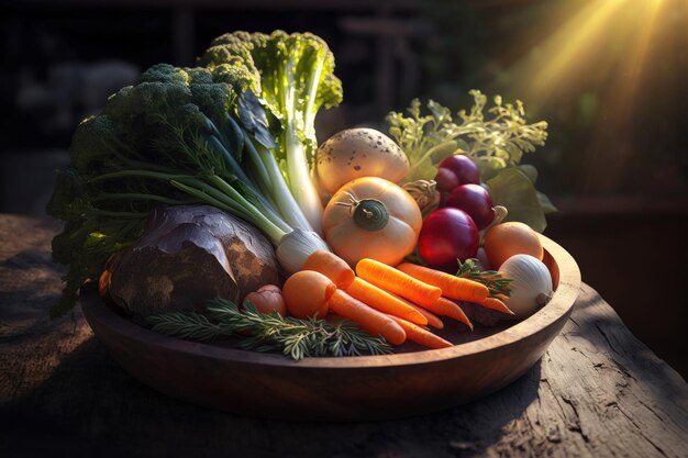 木製テーブルの上のバスケット ボックスにさまざまな生の有機野菜が入った健康的なジェネレーティブ Ai