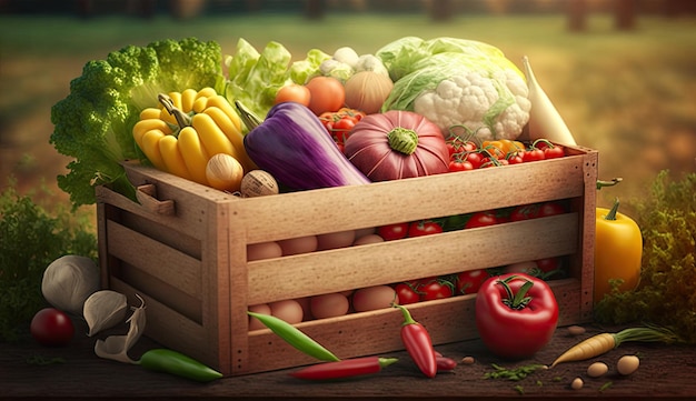 Healthy of varies raw organic vegetables in basket box on wooden table ingredients Generative Ai