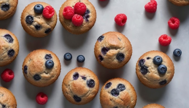 Healthy vegan banana blueberry muffins with fresh berries overhead shot