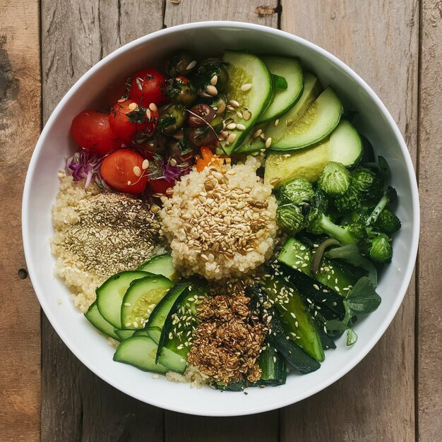 Photo healthy vegan buddha bowl with quinoa veggies and seeds