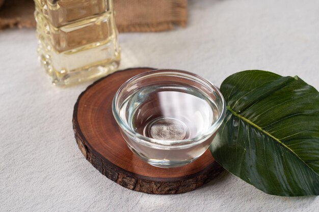 Healthy vegetable oil in a bowl close up