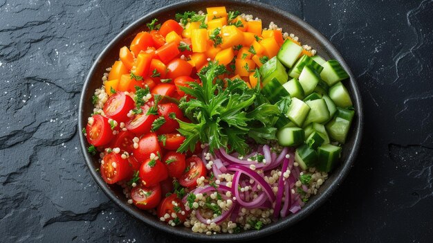 Healthy vegetable quinoa salad on a dark plate