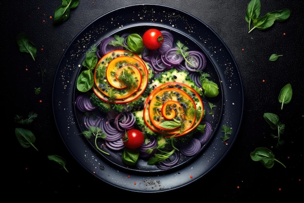 Здоровый овощной салат, диетическое меню, вид сверху на темном фоне