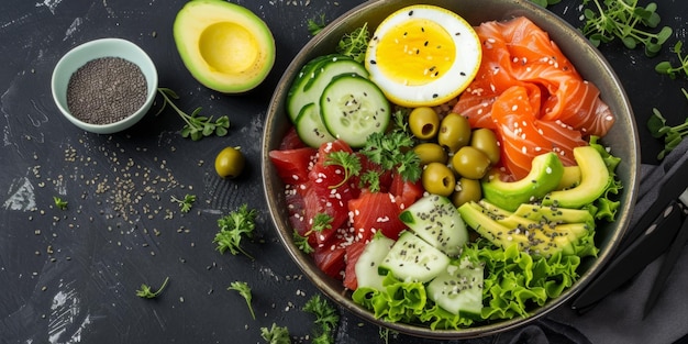 Healthy vegetable salad of fresh tomato cucumber on plateTop view Generative AI