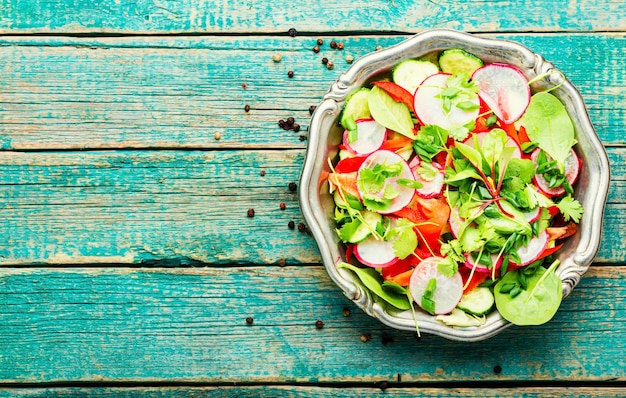 Insalata di verdure sana a base di ravanello,pepe,cavolo e verdure.spazio per il testo