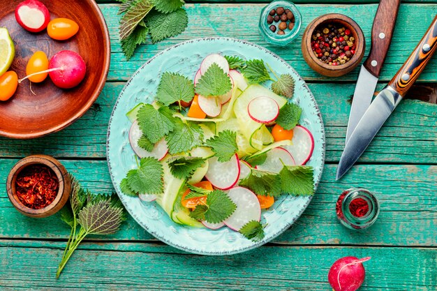 Healthy vegetable salad of nettle on plate.Healthy food concept