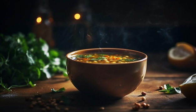 Healthy vegetable soup in rustic wooden bowl generated by AI