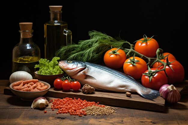 Healthy vegetables dryfruits oil and raw fish on wooden table