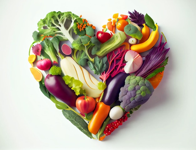 Healthy vegetables laid out in the shape of a heart on a white background