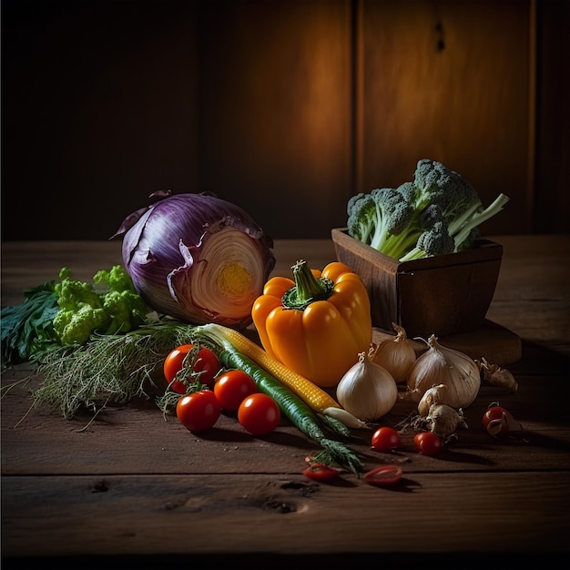 Healthy vegetables on wooden table