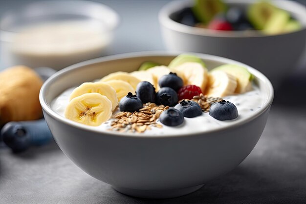 Healthy vegetarian breakfast bowl with yogurt and fruits