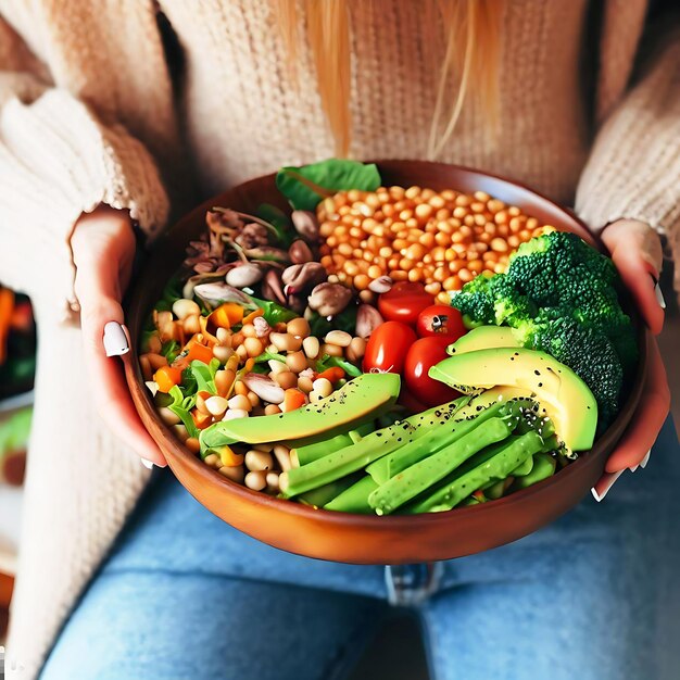 Foto cena vegetariana sana donna in jeans e maglione caldo che tiene ciotola con insalata fresca avocado g