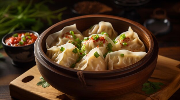 healthy vegetarian dumplings steamed in a rustic wooden