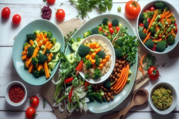 Фото Здоровая вегетарианская еда брокколи грибы шпинат и киноа в миске плоский вид сверху