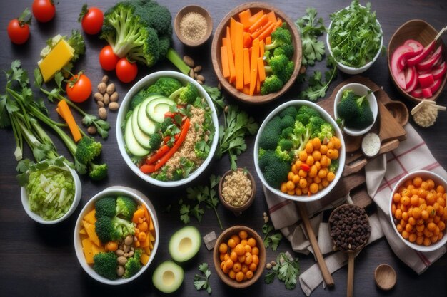 Healthy vegetarian food broccoli mushrooms spinach and quinoa in a bowl flat lay top view