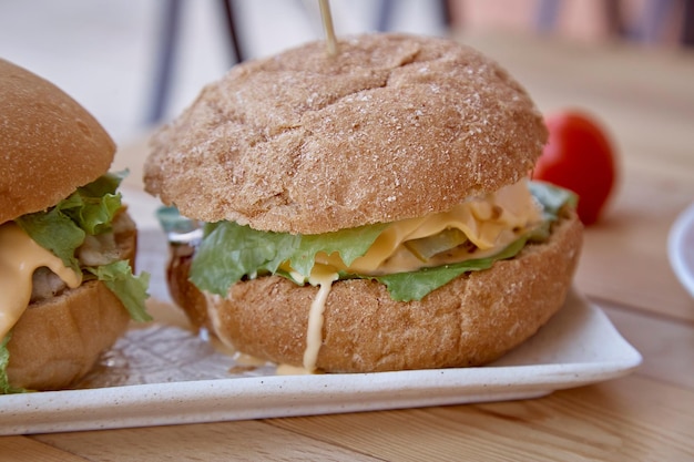 Healthy vegetarian food burgers with vegetable cutlet pickled cucumber and greens outdoor