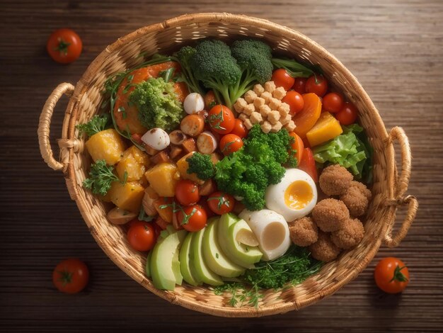 Healthy and vegetarian food in straw basket generative ai