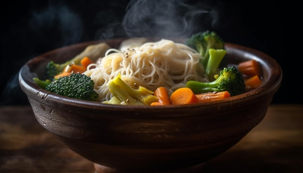 人工知能によって生成された蒸しブロッコリーと自家製のスープの健康的なベジタリアン食事