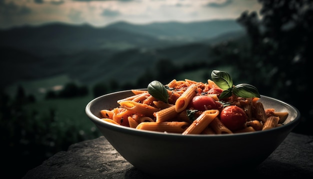 Healthy vegetarian pasta meal with fresh tomato and leafy greens generated by AI