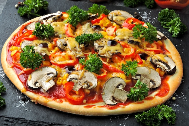 Healthy vegetarian pizza with mushrooms and vegetables. Keto diet. Keto pizza.