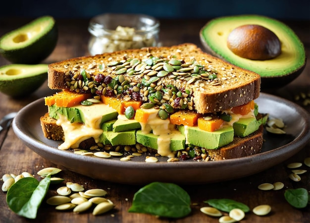 Healthy vegetarian rye bread toasts with sliced avocado cheese pumpkin seeds and sesame for breakfast