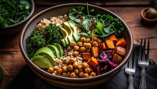 Фото Здоровая вегетарианская салатница со свежими органическими ингредиентами, созданная искусственным интеллектом