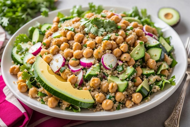 Photo healthy vegetarian salad with chickpeas quinoa cucumber radish and avocado eggs generated ai