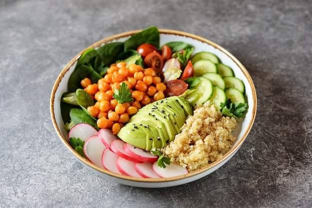 Healthy vegetarian salad with chickpeas, quinoa, cucumber, radish, and avocado