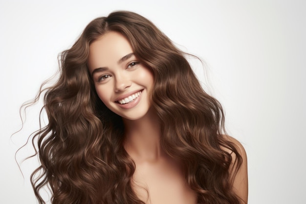 Healthy wavy hair of a woman against a white backdrop