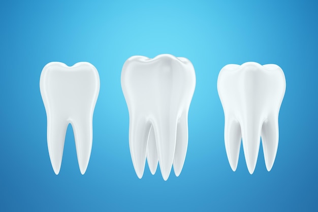 Healthy white tooth, white enamel on a blue background. The concept of dentistry, teeth whitening, protection, oral care, hygiene, healthcare. 3D illustration, 3D render.