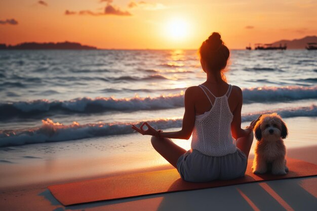 Healthy woman doing yoga exercise with dog pet on beach Female relaxation healthy lifestyle on weekend concept Enjoy life balance and freedom